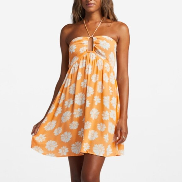 BIllabong Happy Hour Halter Dress Size M Orange Floral Mini Coastal Summer Boho - Picture 1 of 10